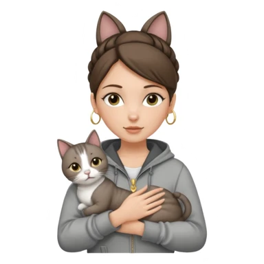 a white girl with brunette hair in a one single bun holding a grey cat. the girl has long lashes and has on a grey zip up that is half way zipped and has a hood and under a white shirt and gold jewelry that is gold bracelets. sticker