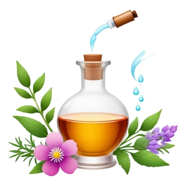 Perfume making icon, delicate glass bottle being filled with colorful essential oils from droppers, swirling mist rising from the bottle, flowers and herbs nearby, minimalistic style, clean lines, transparent background. sticker