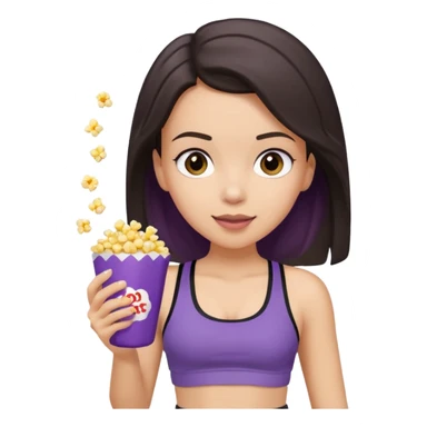 Brunette light skin girl with black sports bra and grey sweatpants on her phone while eating popcorn from a purple popcorn bag sticker