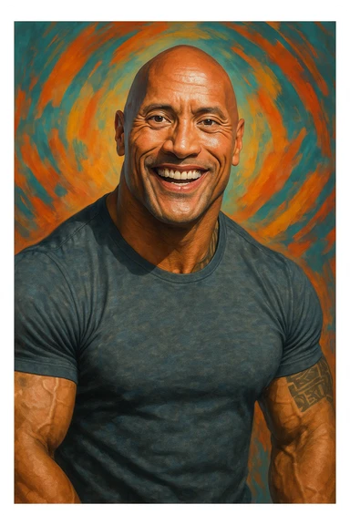 Dwayne 'The Rock' Johnson, muscular, bald, charismatic smile, wearing a tight t-shirt, fun and recognizable style sticker