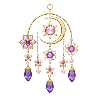 Epic Hanging gold suncatcher, threads with shiny sparkly amethyst and rose-quartz gemstones, flowers, moons, stars, leaves, petals sticker