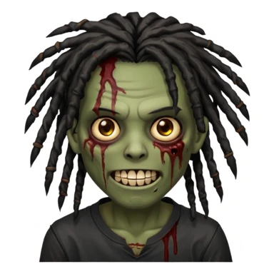 zombie with brown skin, messy black dreads hair, wide centered brown eyes, dark bloody marks under the eyes, and a smile showing shiny metal teeth,black shirt, giving a distressed, undead look. sticker