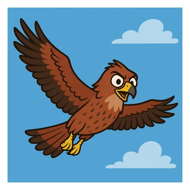 cartoon-style milan bird of prey gliding in the sky, wings outstretched, expressive face, simple blue background sticker