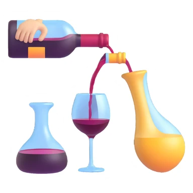 icon of wine decanting scene, pouring wine into a decanter, realistic and sophisticated, 3D emoji style, no background sticker