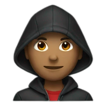 a dark hood with an black jacket and red shirt sticker