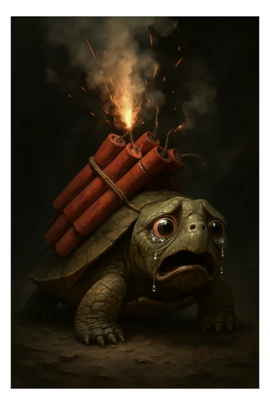 A distressed turtle with firecrackers on its back, the firecrackers are ignited, and the turtle is visibly suffering, emotional and impactful sticker