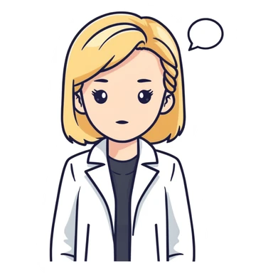 A blonde kinesiologist woman with a thinking face, wearing a white coat, considering therapy options sticker