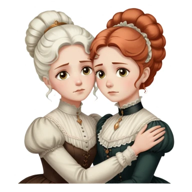 Two Victorian women with light eyes, one with white coiffed hair and one with copper coiffed hair, wearing Victorian high-neck dresses, embracing in a sad intimate hug sticker