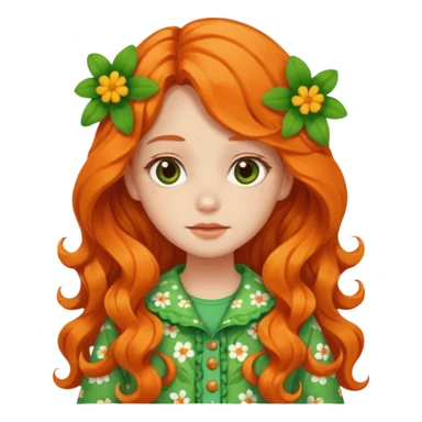 orange wavy long hair girl with wearing green cottage core flowery clothes sticker
