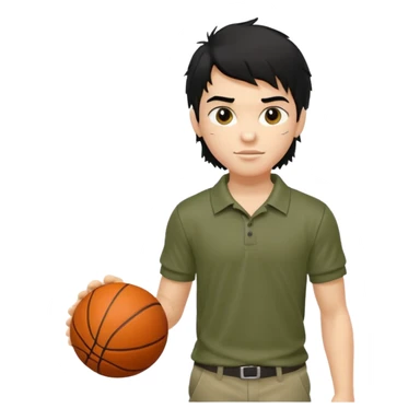 generate a pretty fair bratz boy with a long messy mullet (black hair), carrying a basketball in one hand. Smirking .  Wearing an olive polo shirt. Lean but biceps sticker