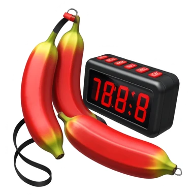 um explosivo improvisado composto por sete bananas de dinamite vermelhas presas por fita preta. O dispositivo inclui um temporizador digital de LED vermelho e uma placa de circuito com fios coloridos e um botão de ativação. Tudo está isolado sobre um fundo branco. sticker