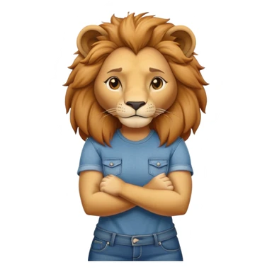 female anthropomorphised lion character standing confidently with arms folded wearing jeans and a t-shirt sticker
