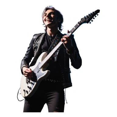 Rockstar musician with a confident smile looking up, electric guitar, stage lights, performing sticker