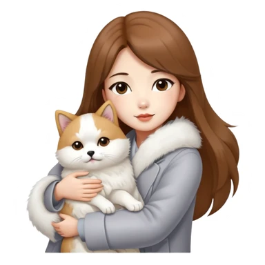 A Chinese fashion girl with brown hair, wearing a light gray fur coat, hugging a Shiba Inu and a long-haired white Persian cat. sticker