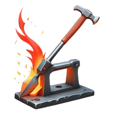 Blacksmithing icon, forged metal piece being shaped with hammer and anvil, glowing red-hot metal, blacksmith tools like tongs and chisel, sparks flying, minimalistic style, clean lines sticker