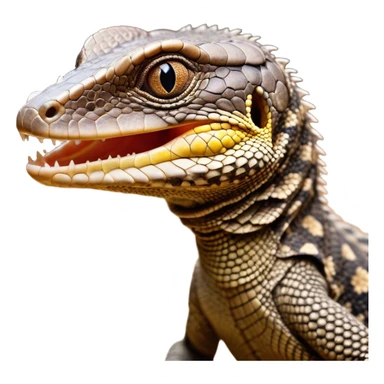 Cinematic Comical brown camo spotted monitor Lizard Portrait Emoji, Head tilted dramatically with an exaggeratedly shocked expression, featuring a robust, patterned body with wide, comically expressive eyes full of humorous disbelief, Simplified yet hilariously expressive features, highly detailed, glowing with a slightly sassy glow, high shine, dramatic yet playful, stylized with an air of quirky reptilian attitude, soft glowing outline, capturing the essence of a meme-worthy brown camo spotted monitor lizard that looks ready to side-eye its way into viral fame! sticker