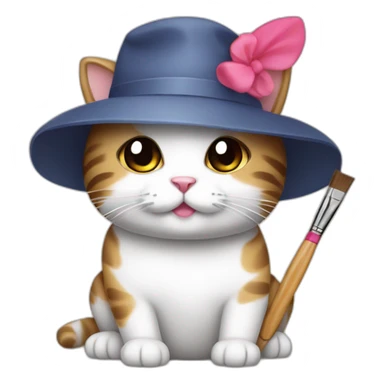 Kawaii cat artist in hat with a brush so it can be used as a mouse cursor sticker