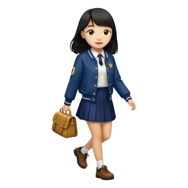 hair : black long hair with fringe 
skin : light 
cloth : deep brown varsity jacket + navy long long school girl skirt 
motion : walking 


 sticker