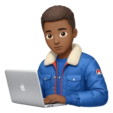 Black guy in a blue moncler jacket and a work shirt typing on a laptop  sticker