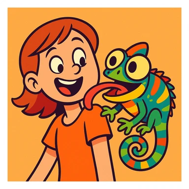 amusing chameleon with exaggerated eyes licking a girl's shoulder, cartoon style, colorful sticker