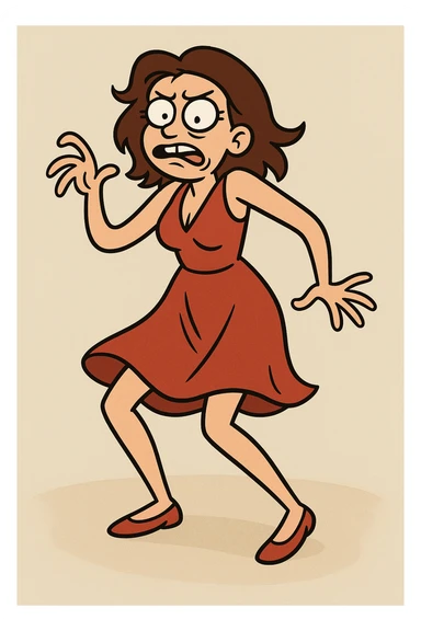 woman in a red dress dancing awkwardly, expressive, fun, simple background sticker