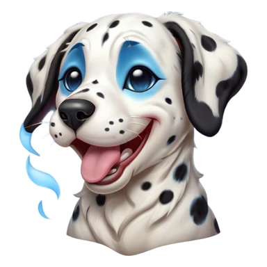 Cinematic Cute Yawning Harlequin Dalmatian Portrait Emoji, Head tilted slightly with a dramatic, wide-open yawn, showcasing a smooth Fur of predominantly white with bold black patches, floppy ears slightly drooping, round blue eyes barely open in drowsy contentment, Simplified yet irresistibly adorable features, highly detailed, glowing with a soft, cozy glow, high shine, relaxed yet expressive, stylized with a touch of whimsy, bright and endearing, soft glowing outline, capturing the essence of a sleepy yet affectionate guardian, so drowsy it feels like it could stretch out of the screen and curl up for a nap! sticker