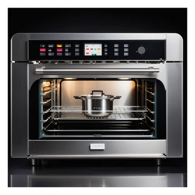 Ein mechanischer Bäcker mit Edelstahlkörper, eingebautem Rührarm, LED-Anzeigen und Touchscreen-Ofen. Die UI ist aus gebürstetem Metall, mit Schrauben, Schaltern und digitalen Displays im Retro-Stil. sticker