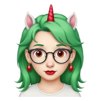 white unicorn with green hair and big red earrings looking into camera and spectacle sticker