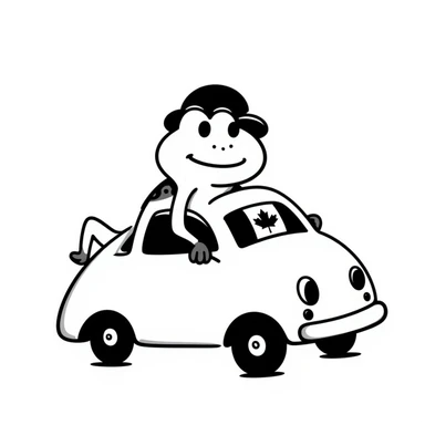 a frog riding a car with a Canadian flag on the windshield, hand drawn doodle style sticker