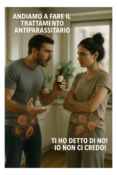 A highly realistic, cinematic photo of a young couple in their early 30s having an argument in a bright modern kitchen. The man, athletic build, wearing a casual T-shirt and jeans, is speaking firmly with a raised hand holding a small amber glass bottle labeled with a subtle herbal symbol, saying 'Andiamo a fare il trattamento antiparassitario' with a determined expression. The woman, with long dark hair tied in a messy bun, casual home outfit, crosses her arms with an angry, defensive expression, replying 'Ti ho detto di no! Io non ci credo!' while slightly turning away. Tension is visible in their body language, with the man leaning forward trying to explain and the woman leaning back, her eyebrows furrowed. Around them, subtle ghostly overlays of microscopic parasites are faintly visible near their abdominal areas, symbolizing the hidden reason for the argument. The kitchen is bright and modern with plants and natural light, contrasting the emotional tension. The style is hyperrealistic with warm tones and shallow depth of field focusing on their facial expressions, illustrating the conflict between belief in natural treatments and skepticism within the couple regarding hidden parasitic infections. in italiano sticker