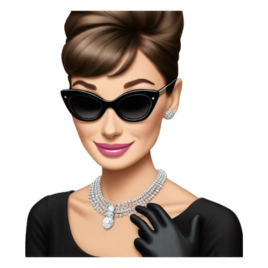 A single, simple and basic emoji of cute, smiling Audrey Hepburn from Breakfast at Tiffany’s wearing black dress, black gloves, black sunglasses, sliver necklace, and light pink lipstick  sticker