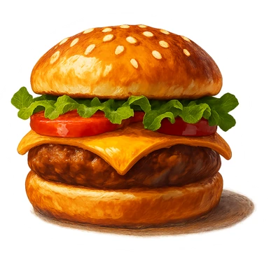 В слега рисованном, но при этом ярком и объемном стиле сгенерируй картинку сочного американского бургера, профессионально выставленный свет, который подчеркивает объем, прозрачный фон sticker