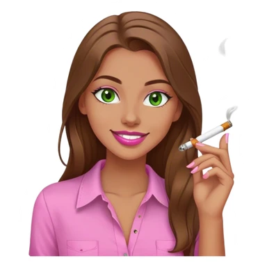 white girl with green eyes and long brown hair smoking a white joint smiling in a pink shirt with pink lips sticker