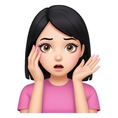 Face girl shocked with hand on face black hair pink shirt full of lashes sticker