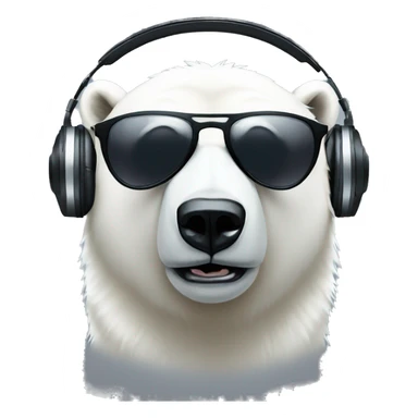 handsome polar bear dj, emoji head, looking forward, wearing dark sunglasses, wearing over-ear headphones on top of head sticker