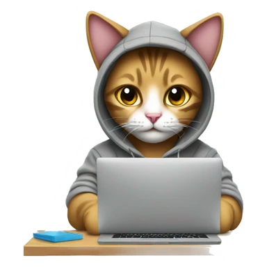 cat is a graphic designer in a hoodie and headphones, working at a computer in photoshop sticker