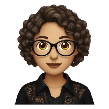 Hispanic woman with black glasses and long brown curly hair holding yarn wearing a black lace shirt sticker