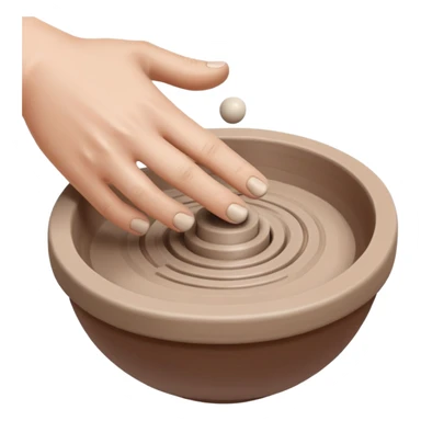 thumb pressing side of a clay ball down onto a silver pottery wheel, thumb at the bottom of the clay, pottery gesture sticker