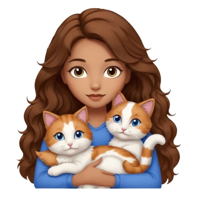 girl with long wavy brown hair, blue eyes, long lashes makeup, cuddling with 6 cute cats sticker