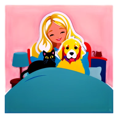 Blonde woman in bed with two cats and a golden retriever sticker