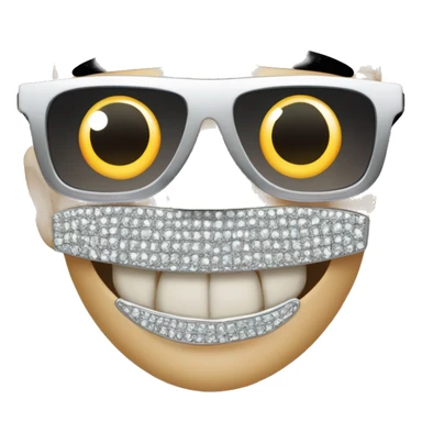 movie star with black sunglasses has shiny diamond teeth, his teeth are diamonds, shiny diamonds and jewels where teeth would be sticker