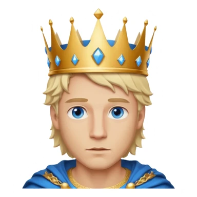 Man with blue eyes, blonde hair, and defined jawline wearing king crown sticker
