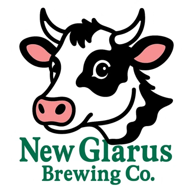 Change the cow on the close-up New Glarus Spotted Cow beer label to black and white, keep the green background and 'New Glarus Brewing Co.' text, no background. sticker