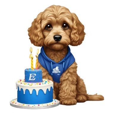 Cavapoo wearing an Everton hoodie with a birthday cake sticker