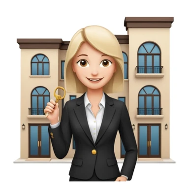 woman in elegant suit, holding keys, smiling, standing in front of a modern Dubai townhouse sticker