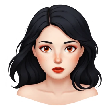 woman with flowing black hair, natural makeup, and prominent red freckles on face sticker