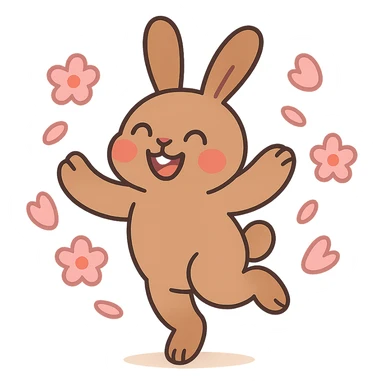 pale brown bunny spinning with flower petals around, pastel-toon style sticker