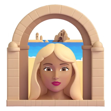 close-up of a woman's face with darker blonde straight hair, light brown skin, with the three iconic arches of Atalaia Beach (Aracaju-SE) prominently displayed very close in the background, middle arch taller with round tops, made of tiles sticker