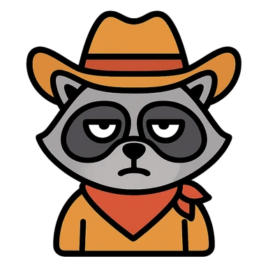 raccoon dressed as a cowboy, rolling his eyes, color outline icon sticker