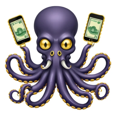 Intimidating octopus with pearl black skin, neon suction cups. Evil glaring eyes. Wearing white face mask and thick gold chain. 2 tentacles are holding their own cellphone, 2 more tentacles are holding stacks of money. sticker